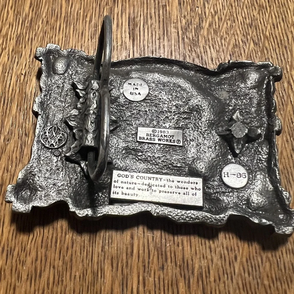 VTG God's Country Buckle*Missing Pin*1983 Bergamot Works USA 3D Mts Kayaks